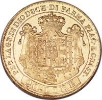 Italian States coin 20 Lire - Maria Luigia (1815 - 1832) reverse reverse of 20 Lire - Maria Luigia (1815 - 1832) coin with C# 31 from Italian States. Inscription: PER LA GR · DI DIO DUCH · DI PARMA PIAC · E GUAST · 20.LIRE