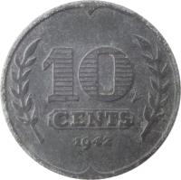 reverse of 10 Cents - Wilhelmina - German Occupation (1941 - 1943) coin with KM# 173 from Netherlands. Inscription: 10 CENTS 1941