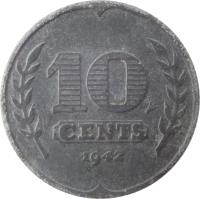 Netherlands coin 10 Cents - Wilhelmina - German Occupation (1941 - 1943) reverse reverse of 10 Cents - Wilhelmina - German Occupation (1941 - 1943) coin with KM# 173 from Netherlands. Inscription: 10 CENTS 1941