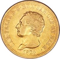 obverse of 40 Lire - Carlo Felice (1822 - 1831) coin with KM# 120 from Italian States. Inscription: CAR · FELIX D · G · REX SAR · CYP · ET HIER · 1822.