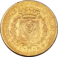 Italian States coin 40 Lire - Carlo Felice (1822 - 1831) reverse reverse of 40 Lire - Carlo Felice (1822 - 1831) coin with KM# 120 from Italian States. Inscription: DVX SAB · GENVAE ET MONTISF · PRINC · PED · & · L · 40 ·