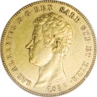 obverse of 50 Lire - Carlo Alberto (1832 - 1843) coin with KM# 137 from Italian States.
