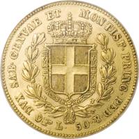 reverse of 50 Lire - Carlo Alberto (1832 - 1843) coin with KM# 137 from Italian States.