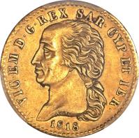 obverse of 20 Lire - Vittorio Emanuele I (1816 - 1820) coin with KM# 114 from Italian States. Inscription: VIC · EM · D · G · REX SAR · CYP · ET IER ·