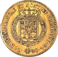 reverse of 20 Lire - Vittorio Emanuele I (1816 - 1820) coin with KM# 114 from Italian States. Inscription: DVX SAB · IANVAE ET MONTISF · PRINC · PED · L · 20 ·