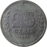 Netherlands coin 25 Cents - Wilhelmina - German Occupation (1941 - 1943) reverse reverse of 25 Cents - Wilhelmina - German Occupation (1941 - 1943) coin with KM# 174 from Netherlands. Inscription: 25 CENTS 1942