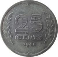 reverse of 25 Cents - Wilhelmina - German Occupation (1941 - 1943) coin with KM# 174 from Netherlands. Inscription: 25 CENTS 1942