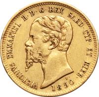 obverse of 10 Lire - Vittorio Emanuele II (1850 - 1860) coin with KM# 145 from Italian States.