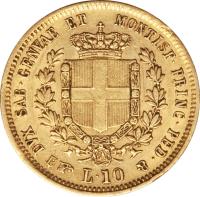 reverse of 10 Lire - Vittorio Emanuele II (1850 - 1860) coin with KM# 145 from Italian States.