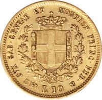 Italian States coin 10 Lire - Vittorio Emanuele II (1850 - 1860) reverse reverse of 10 Lire - Vittorio Emanuele II (1850 - 1860) coin with KM# 145 from Italian States.