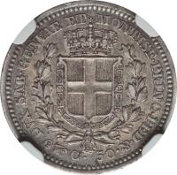 reverse of 50 Centesimi - Carlo Alberto (1833 - 1847) coin with KM# 134 from Italian States. Inscription: DVX SAB. GENVAE ET MONTISF. PRINC. PED. &.
