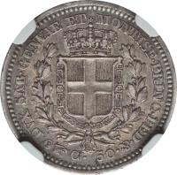 Italian States coin 50 Centesimi - Carlo Alberto (1833 - 1847) reverse reverse of 50 Centesimi - Carlo Alberto (1833 - 1847) coin with KM# 134 from Italian States. Inscription: DVX SAB. GENVAE ET MONTISF. PRINC. PED. &.