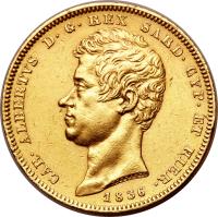 obverse of 100 Lire - Carlo Alberto (1832 - 1842) coin with KM# 133 from Italian States. Inscription: CAR · ALBERTVS D · G · REX SARD · CYP · ET HIER · FERRARIS 1836