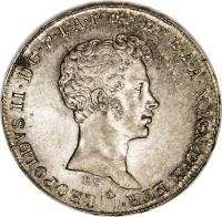 obverse of 5 Paoli / 1/2 Francescone - Leopold II (1827 - 1829) coin with C# 73 from Italian States. Inscription: LEOPOLDVS II · D · G · P · I · A · P · R · H · ET B · A · A · MAGN · DVX ETR · P.C ·