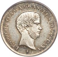 obverse of 1 Fiorino - Leopold II (1843 - 1858) coin with C# 72a from Italian States. Inscription: LEOPOLDO II · A · D' A · GRANDUCA DI TOSCANA G.N.