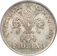 Italian States coin 1 Fiorino - Leopold II (1843 - 1858) reverse reverse of 1 Fiorino - Leopold II (1843 - 1858) coin with C# 72a from Italian States. Inscription: QUATTRINI CENTO. 1843. FIORINO
