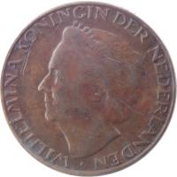 obverse of 1 Cent - Wilhelmina (1948) coin with KM# 175 from Netherlands. Inscription: WILHELMINA KONINGIN DER NEDERLANDEN