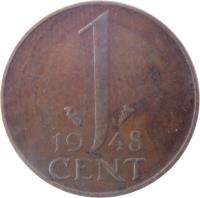 reverse of 1 Cent - Wilhelmina (1948) coin with KM# 175 from Netherlands. Inscription: 1 19 48 CENT