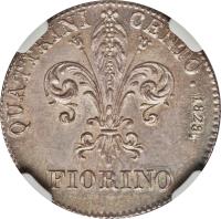 reverse of 1 Fiorino - Leopold II (1826 - 1842) coin with C# 72 from Italian States. Inscription: QUATTRINI / CENTO 1828 FIORINO