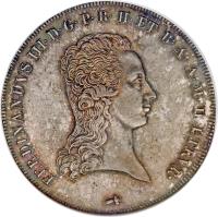 obverse of 1 Francescone / 10 Paoli - Ferdinand III (1814 - 1824) coin with C# 59 from Italian States. Inscription: FERDINANDVS · III · D · G · P · R · H · ET · B · A · A · M · D · ETRVR ·
