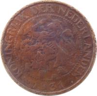 obverse of 1 Cent - Wilhelmina (1913 - 1941) coin with KM# 152 from Netherlands. Inscription: KONINGRIJK DER NEDERLANDEN 1941