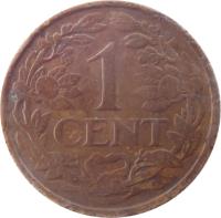 Netherlands coin 1 Cent - Wilhelmina (1913 - 1941) reverse reverse of 1 Cent - Wilhelmina (1913 - 1941) coin with KM# 152 from Netherlands. Inscription: 1 CENT