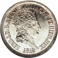 obverse of 10 Grana - Ferdinand I (1818) coin with KM# 282 from Italian States. Inscription: 1818