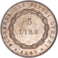 Italian States coin 5 Lire (1848) reverse reverse of 5 Lire (1848) coin with KM# 803 from Italian States.