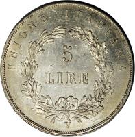 reverse of 5 Lire - DIO BENEDETE L'ITALIA (1848) coin with KM# 805 from Italian States. Inscription: UNIONE ITALIANA 5 LIRE V