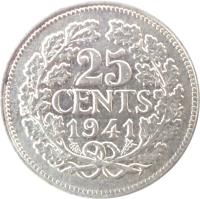 reverse of 25 Cents - Wilhelmina (1926 - 1945) coin with KM# 164 from Netherlands. Inscription: 25 CENTS 1944