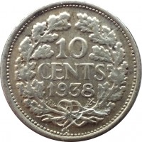 reverse of 10 Cents - Wilhelmina (1926 - 1945) coin with KM# 163 from Netherlands. Inscription: 10 CENTS 1938