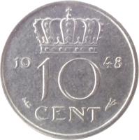 reverse of 10 Cents - Wilhelmina (1948) coin with KM# 177 from Netherlands. Inscription: 19 48 10 CENT