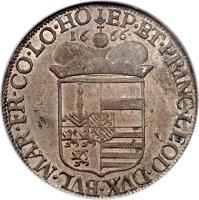 Liege coin 1 Patagon - Maximilien-Henri (1662 - 1686) reverse reverse of 1 Patagon - Maximilien-Henri (1662 - 1686) coin with KM# 80 from Liege. Inscription: EP · ET · PRINC · LEOD · DVX · BVL · MAR · FR · CO · LO · HO 16 66