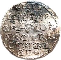 reverse of 3 Grosz - Sigismund III (1588) coin with KOPICKI# 81 from Livonia. Inscription: * III * 15 88 GR OS ARG : TRII CIVI: RI · GE ·