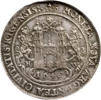 reverse of 1 Thaler - Christina - Swedish Occupation (1646 - 1648) coin with KM# 41 from Livonia. Inscription: MONETA NOVA ARGENTEA CIVITATIS RIGENSIS: H W 1646 ·