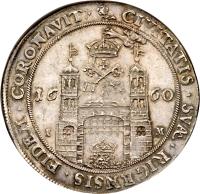 reverse of 1 Thaler - Carl XI - Swedish Occupation (1660) coin with KM# 56 from Livonia. Inscription: CIVITATIS · SV · · RIGENSIS · FIDEM · CORONAVIT: 16 60 I M