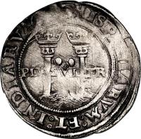 Mexico coin 2 Reales - Carlos I - KAROLVS ET IOHANA (1542 - 1555) reverse reverse of 2 Reales - Carlos I - KAROLVS ET IOHANA (1542 - 1555) coin with MB# 12 from Mexico. Inscription: HISPANIE:ET:INDIARVM.: .. PLV SVL TR