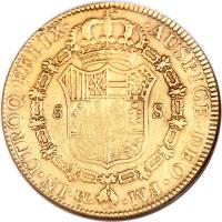Mexico coin 8 Escudos - Carlos III (1777 - 1788) reverse reverse of 8 Escudos - Carlos III (1777 - 1788) coin with KM# 156a from Mexico.