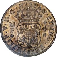 obverse of 4 Reales - Felipe V (1732 - 1747) coin with KM# 94 from Mexico. Inscription: PHILIP · V · D · G · HISPAN · ET IND · REX* MF 4