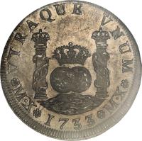 reverse of 4 Reales - Felipe V (1732 - 1747) coin with KM# 94 from Mexico. Inscription: VTRAQUE VNUM *oM*1737*oM*