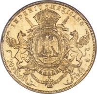 Mexico coin 20 Pesos - Maximilian I (1866) reverse reverse of 20 Pesos - Maximilian I (1866) coin with KM# 389 from Mexico. Inscription: IMPERIO MEXICANO EQUIDAD EN LA JUSTICIA 20 PESOS 1866 · Mᴼ