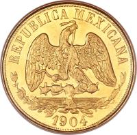 obverse of 20 Pesos (1870 - 1905) coin with KM# 414 from Mexico.