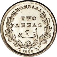 Mombasa coin 2 Annas - IBEA Coinage (1890) reverse reverse of 2 Annas - IBEA Coinage (1890) coin with KM# 2 from Mombasa. Inscription: MOMBASA TWO ANNAS 1890