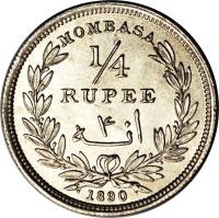 Mombasa coin 1/4 Rupee (1890) reverse reverse of 1/4 Rupee (1890) coin with KM# 3 from Mombasa. Inscription: MOMBASA 1/4 RUPEE 1890