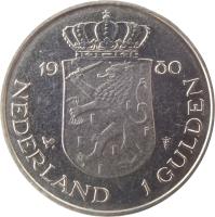 reverse of 1 Gulden - Beatrix - Investiture of New Queen (1980) coin with KM# 200 from Netherlands. Inscription: 19 80 NEDERLAND 1 GULDEN