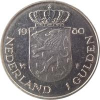 Netherlands coin 1 Gulden - Beatrix - Investiture of New Queen (1980) reverse reverse of 1 Gulden - Beatrix - Investiture of New Queen (1980) coin with KM# 200 from Netherlands. Inscription: 19 80 NEDERLAND 1 GULDEN