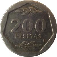 Spain coin 200 Pesetas - Juan Carlos I (1986 - 1988) reverse reverse of 200 Pesetas - Juan Carlos I (1986 - 1988) coin with KM# 829 from Spain. Inscription: 200 PESETAS M