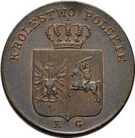 obverse of 3 Grosze (1831) coin with C# 120 from Poland. Inscription: KROLESTWO POLSKIE K. G.