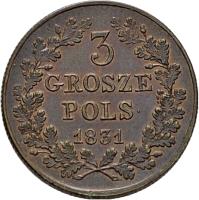 reverse of 3 Grosze (1831) coin with C# 120 from Poland. Inscription: 3 GROSZE POLS. 1831