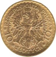 Poland coin 10 Złotych (1925) reverse reverse of 10 Złotych (1925) coin with Y# 32 from Poland.